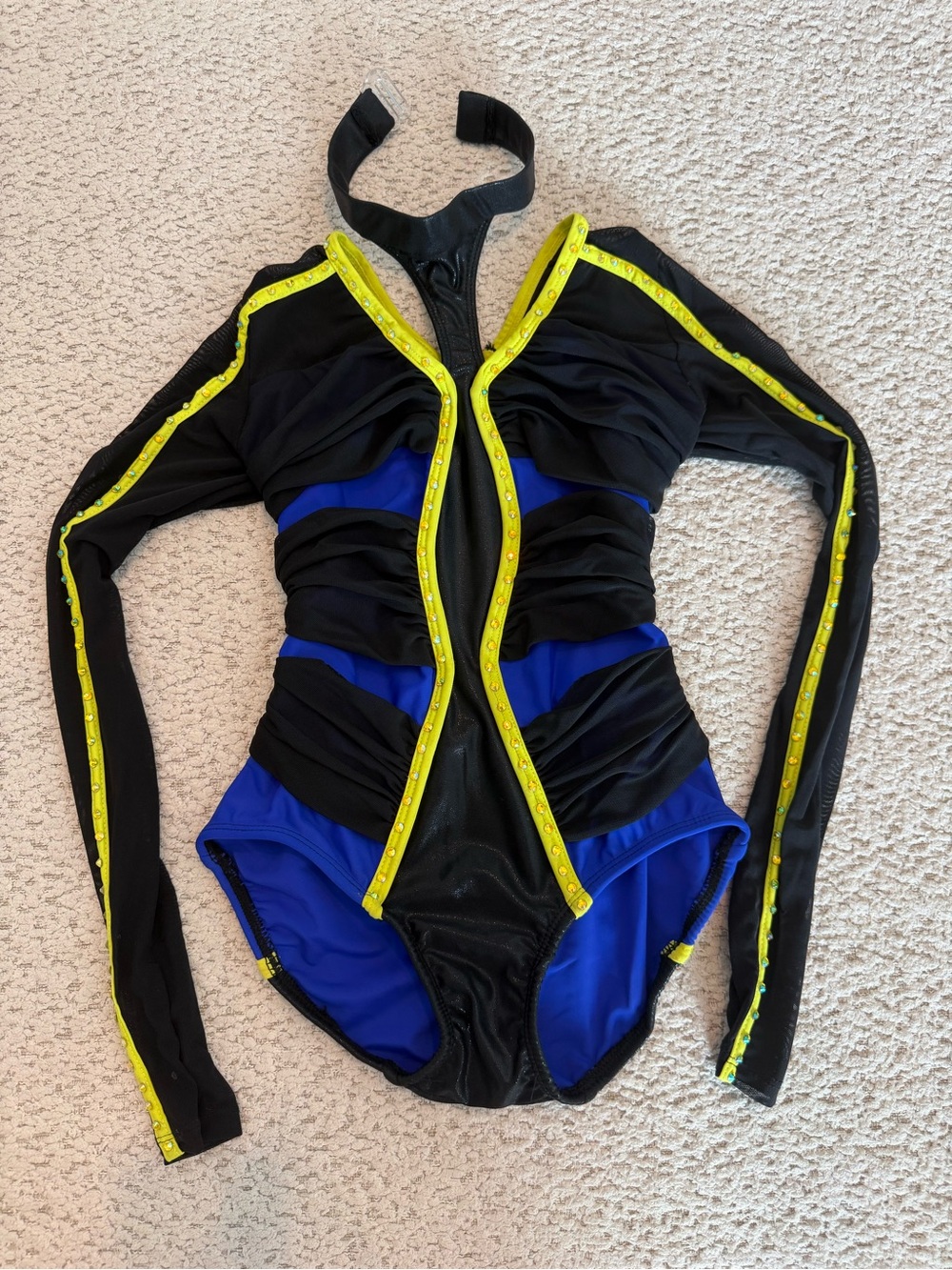 Kids Long-Sleeve Black & Blue One-Piece Suit with Yellow Trim